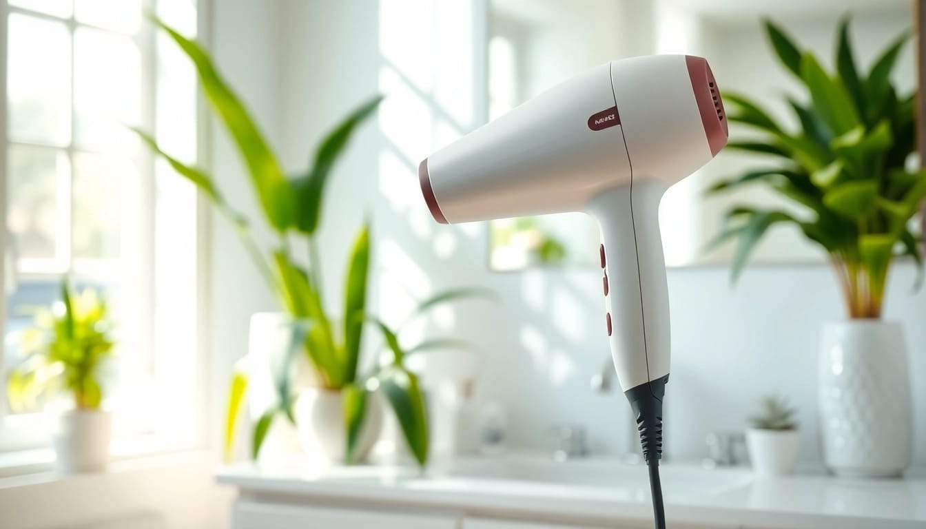Style your hair effortlessly with a hair dryer for frizzy hair against a bright bathroom backdrop.
