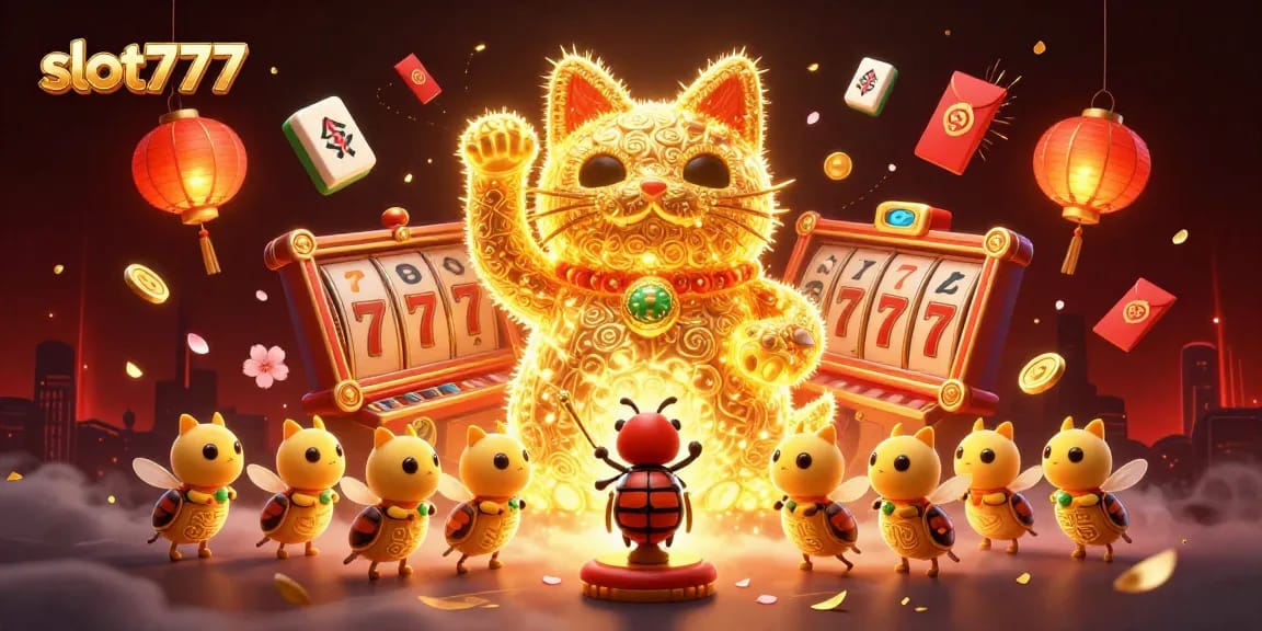 Experience excitement on slot777 with a vibrant scene of a lucky cat and casino symbols.
