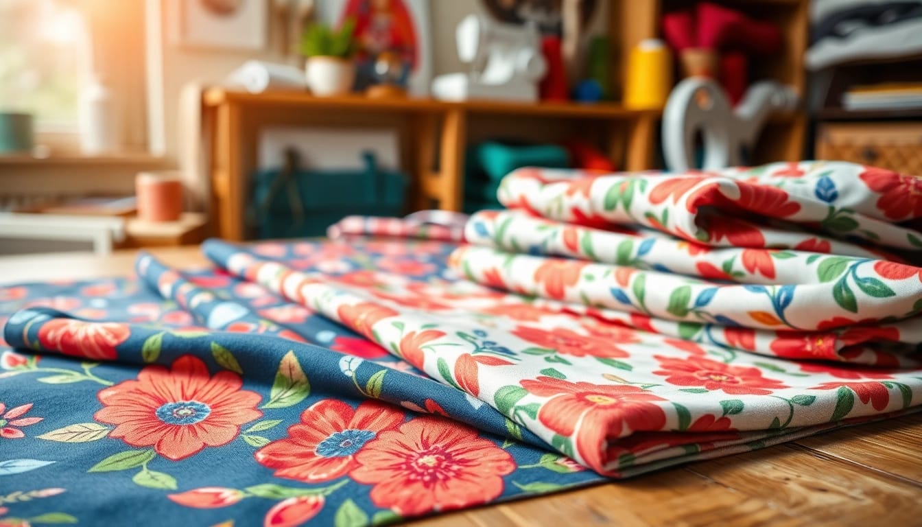 Bekijk bedrukte katoenen stoffen met levendige patronen en texturen op een houten tafel.