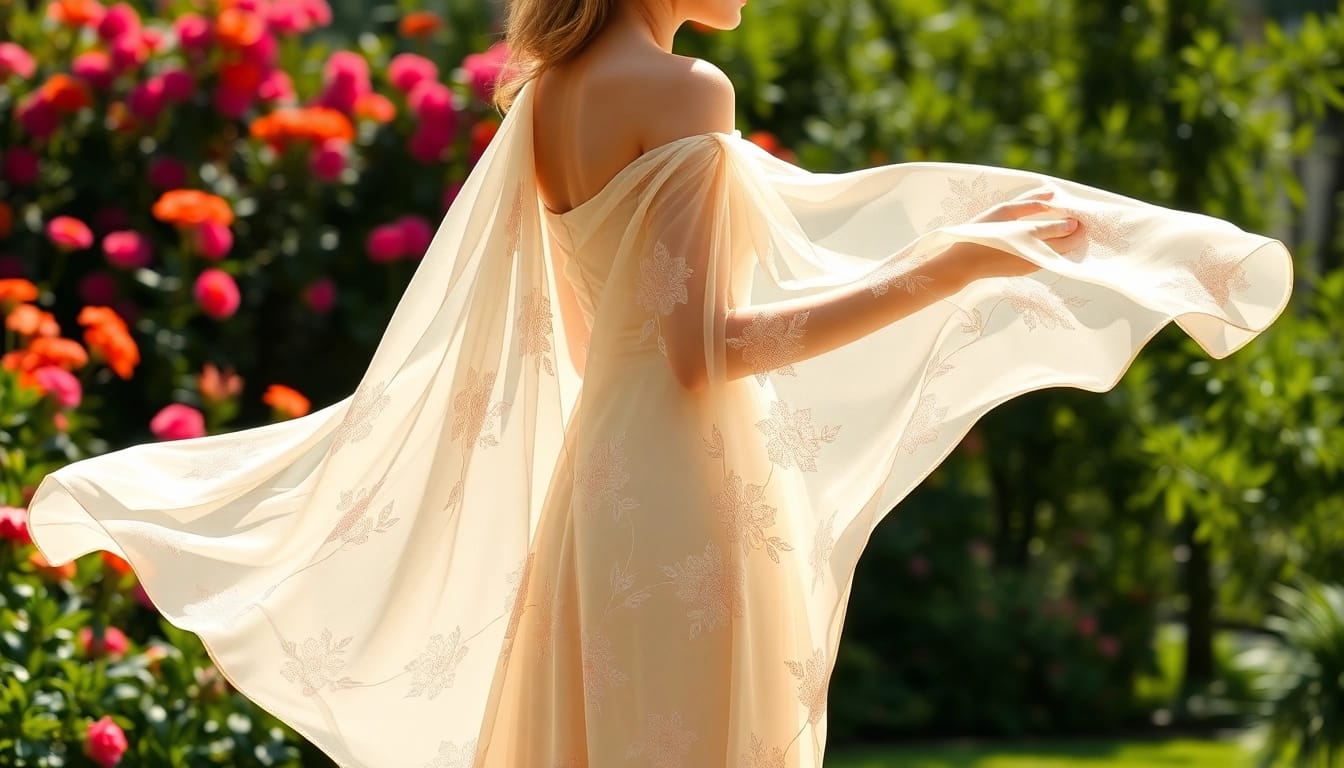 Draag een elegante chiffon jurk in een zonovergoten tuin met bloeiende bloemen.