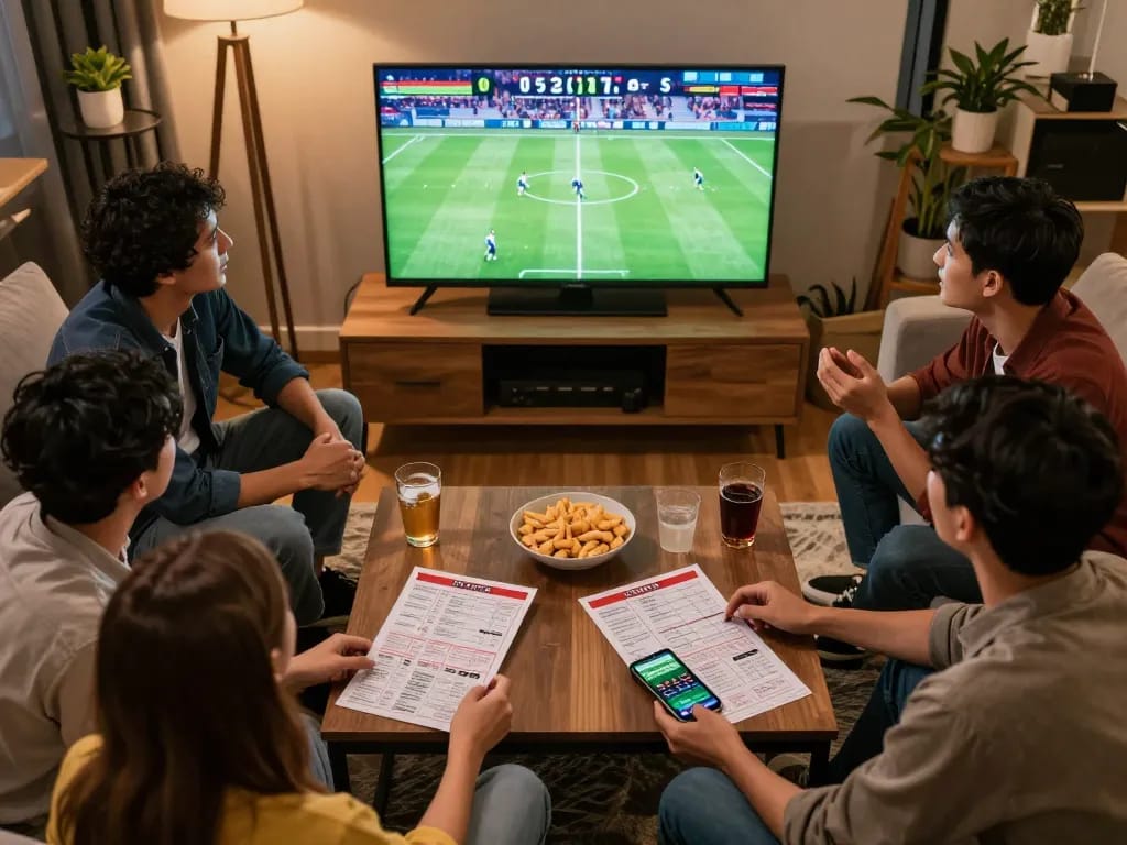 The G28 home sports betting scene with friends enjoying a match while checking betting slips.
