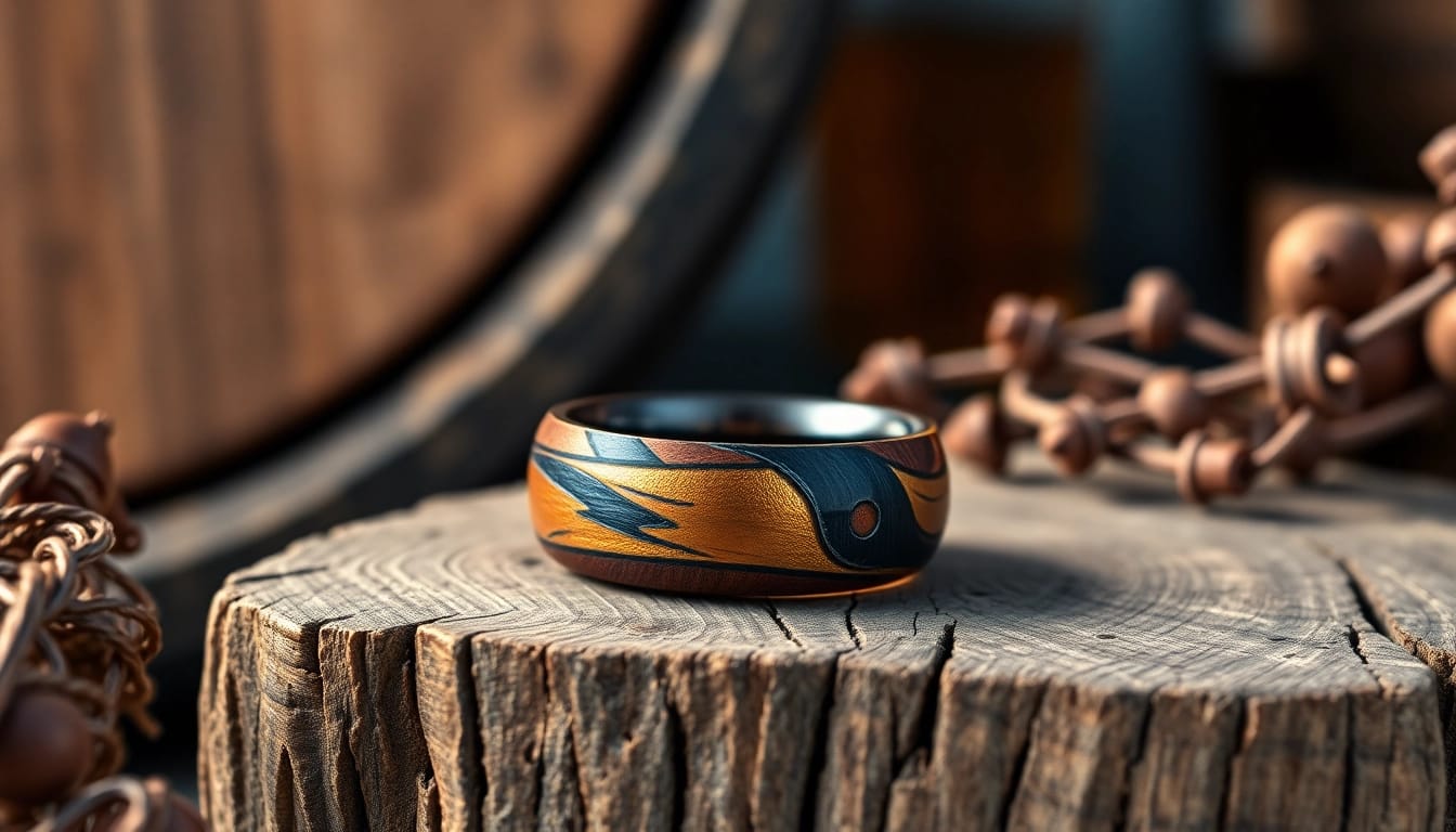 Showcasing a Whiskey Barrel Wedding Band with unique wood grain details on a rustic table.
