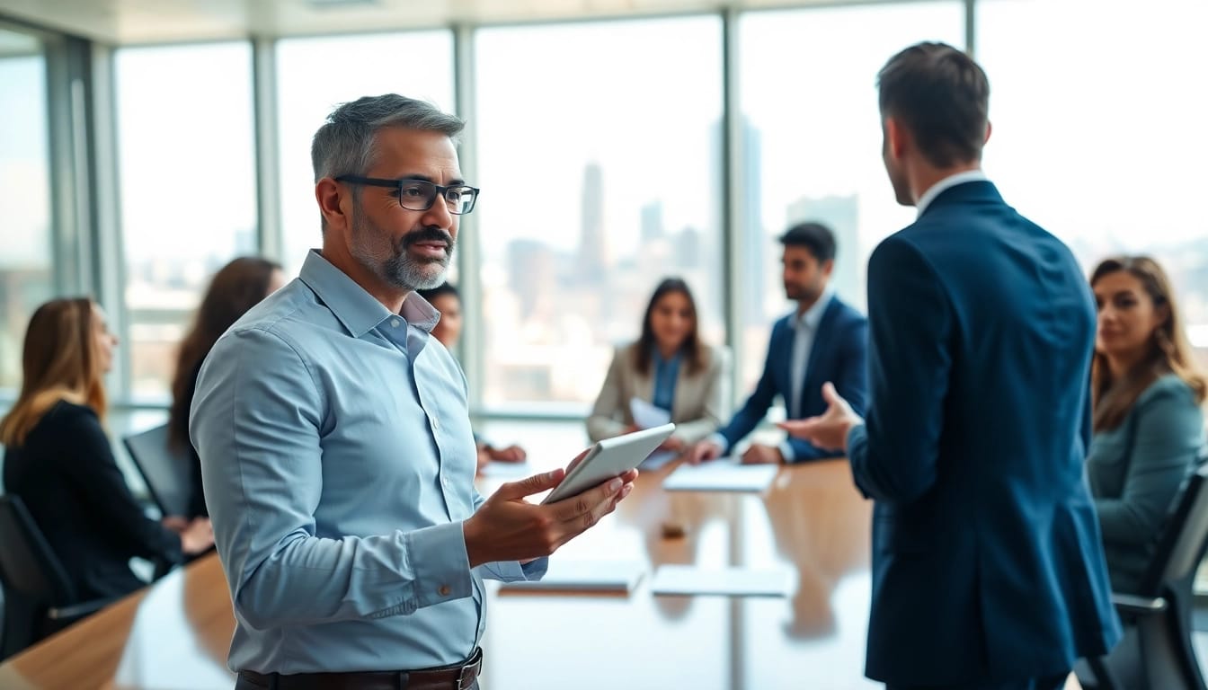Crisis management consultant leading a meeting in a modern boardroom with diverse professionals.