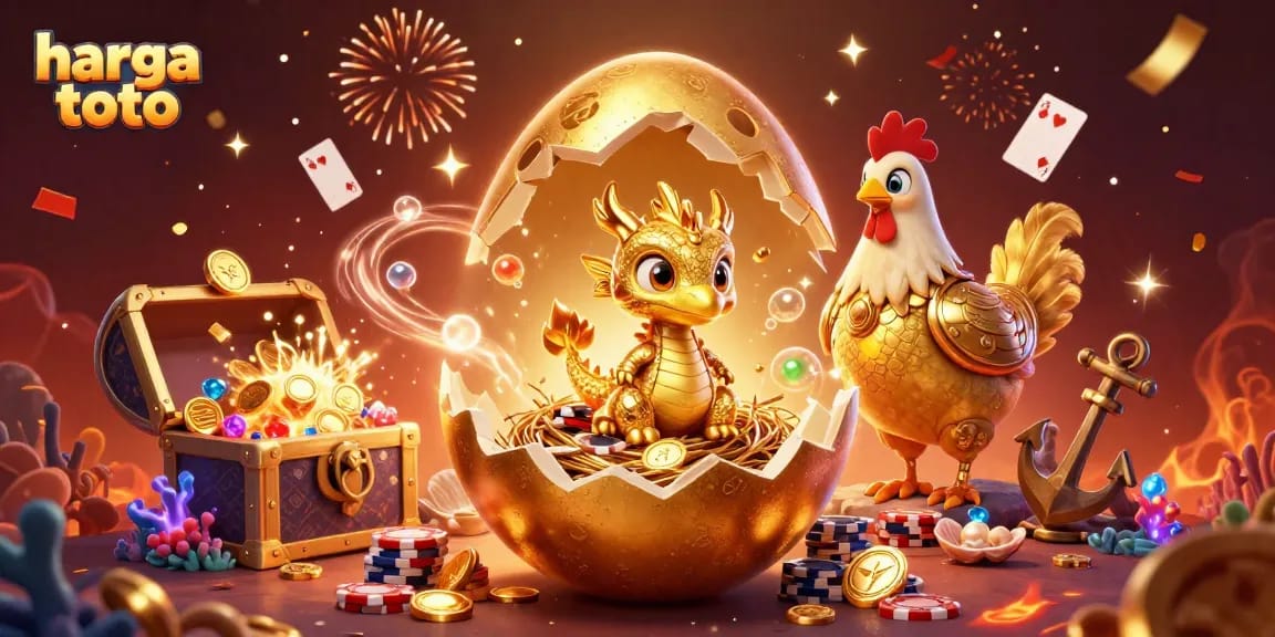 Experience the excitement of harga toto with a golden dragon, poker chips, and dynamic casino elements.