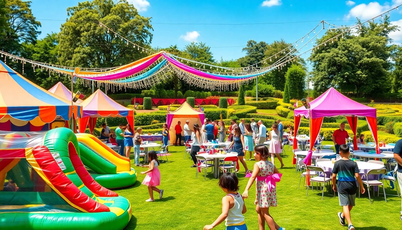 Party Rentals Near Me featuring a lively outdoor event setup with colorful tents and inflatable attractions.