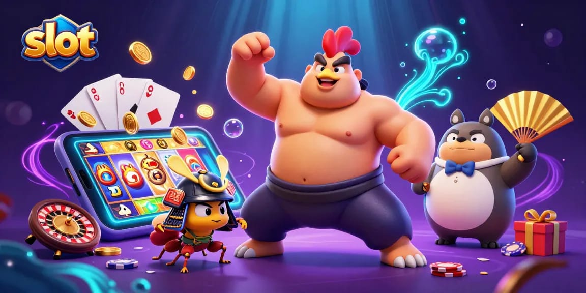 Engage in thrilling slot action with the sumo wrestler, cricket, and tanuki in a dynamic casino scene.