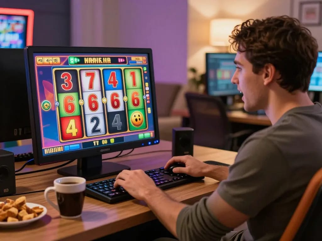 Player engaging with slot gacor hari ini online slot machine in comfortable home setting.