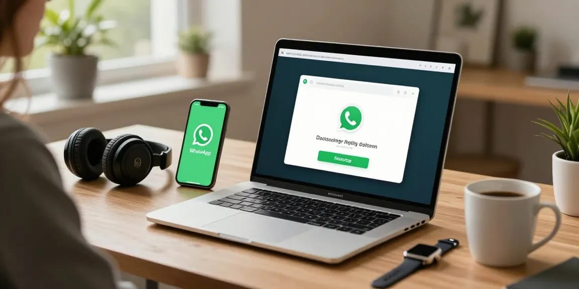 WhatsApp下載 scene of a user downloading on a laptop in a cozy home office.
