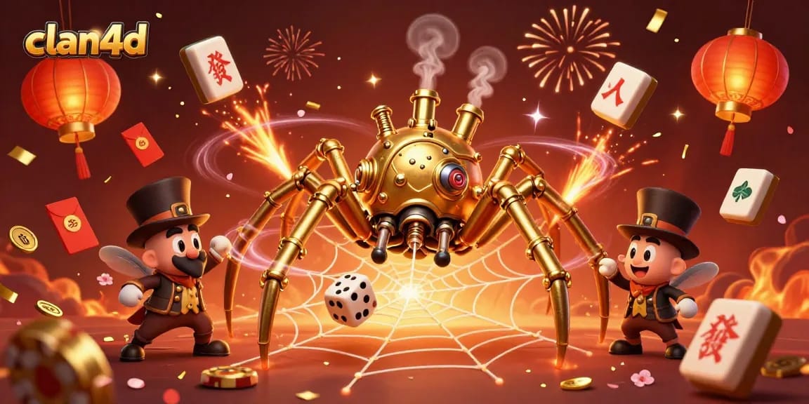 Engage with clan4d as a steampunk spider weaves golden chains amidst a vibrant casino backdrop.