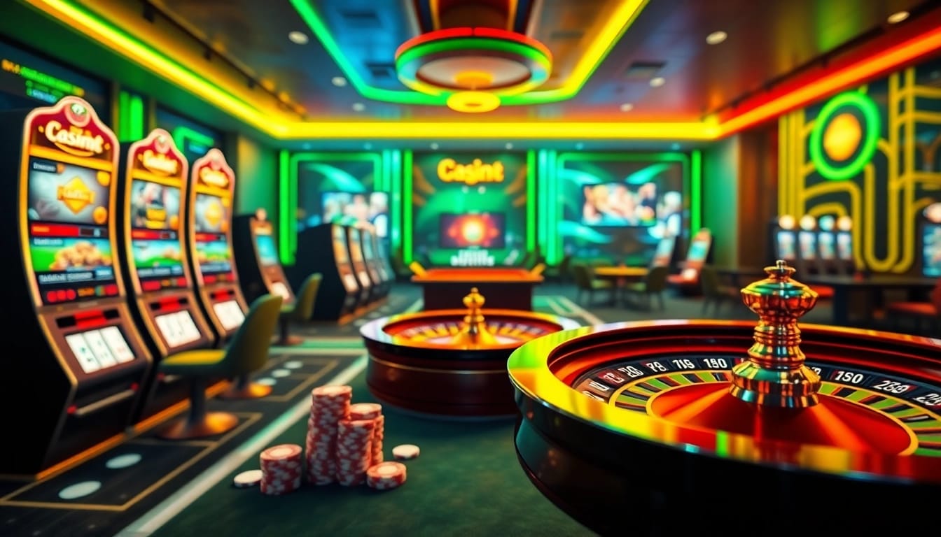 Image depicting the indibet casino login interface with vibrant slot machines, cards, and a roulette wheel.