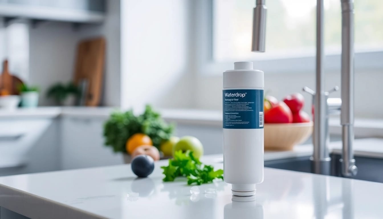 Waterdrop DA97-17376B Replacement for Samsung® HAF-QIN/EXP water filter on a countertop with fresh fruits.