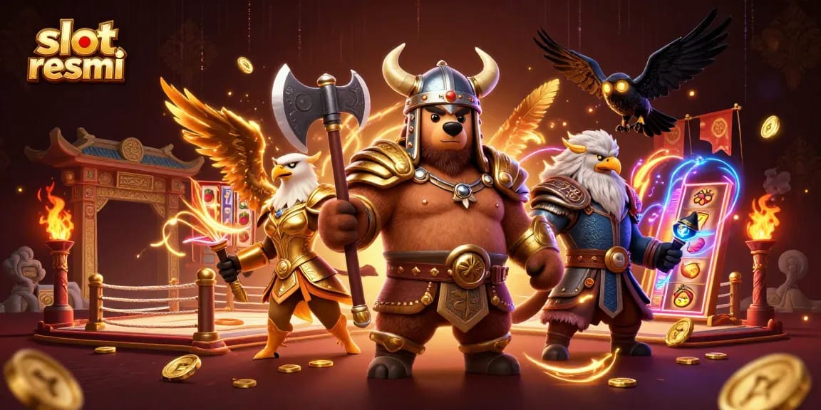 Win big with slot resmi, featuring a Viking bear, Valkyrie eagle, and casino elements.