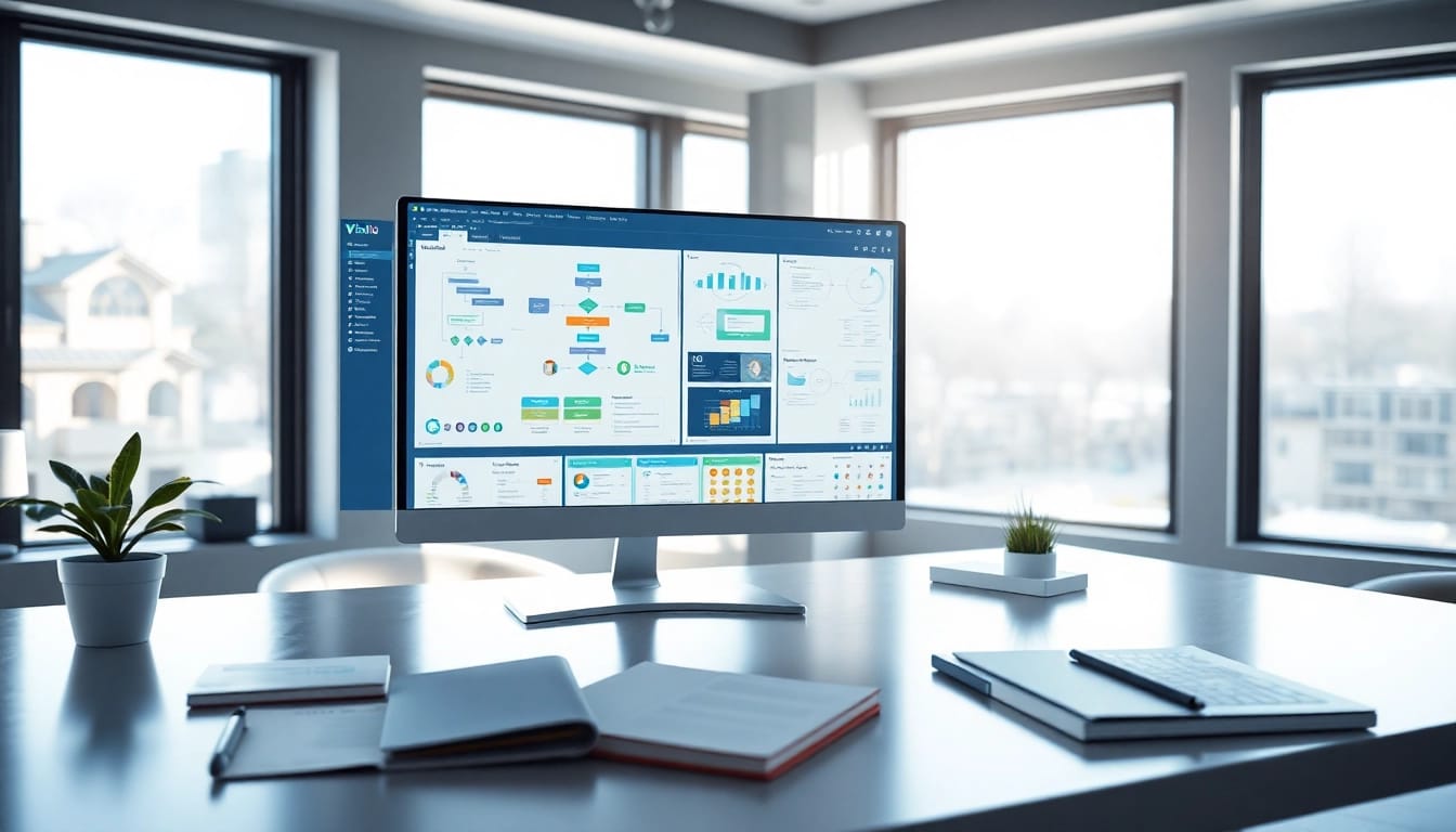 Showcase Vislio software with vibrant flowcharts, emphasizing a modern workspace.