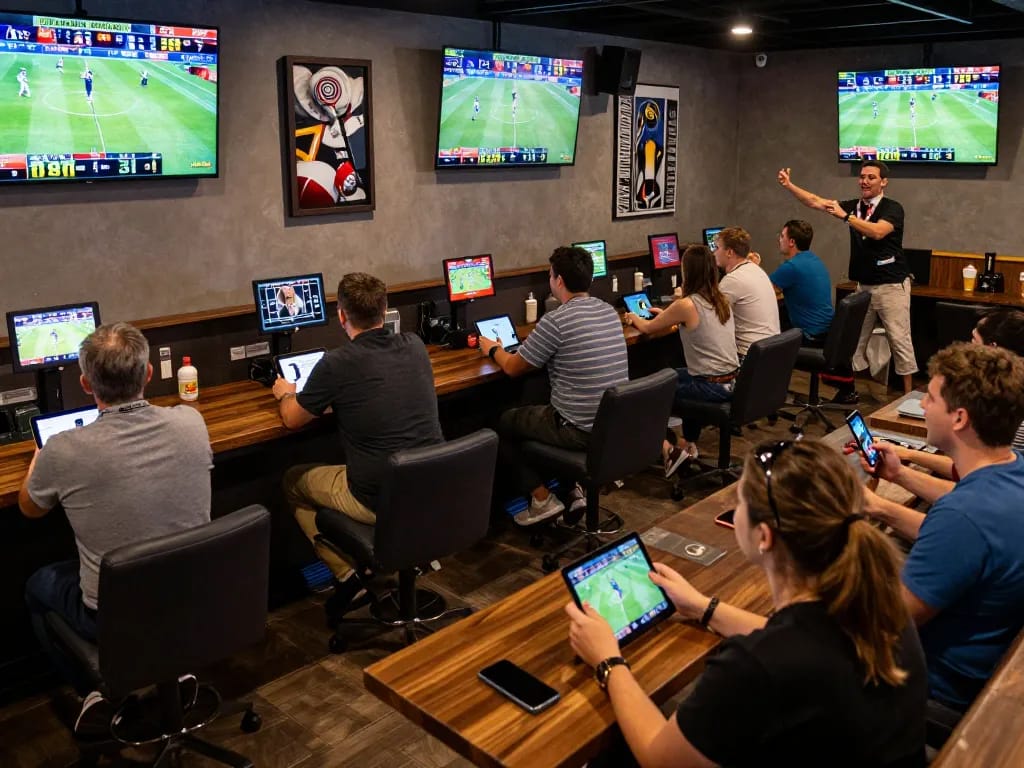 fb88 users placing bets in a lively sports lounge with multiple screens
