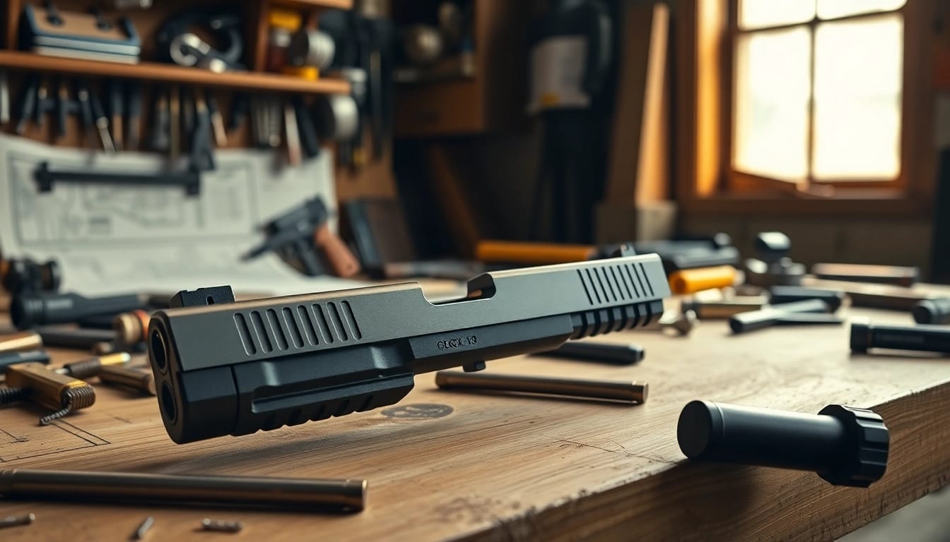 Showcasing a glock 19 gen 5 slide in a detailed craftsmanship setting with tools and blueprints.