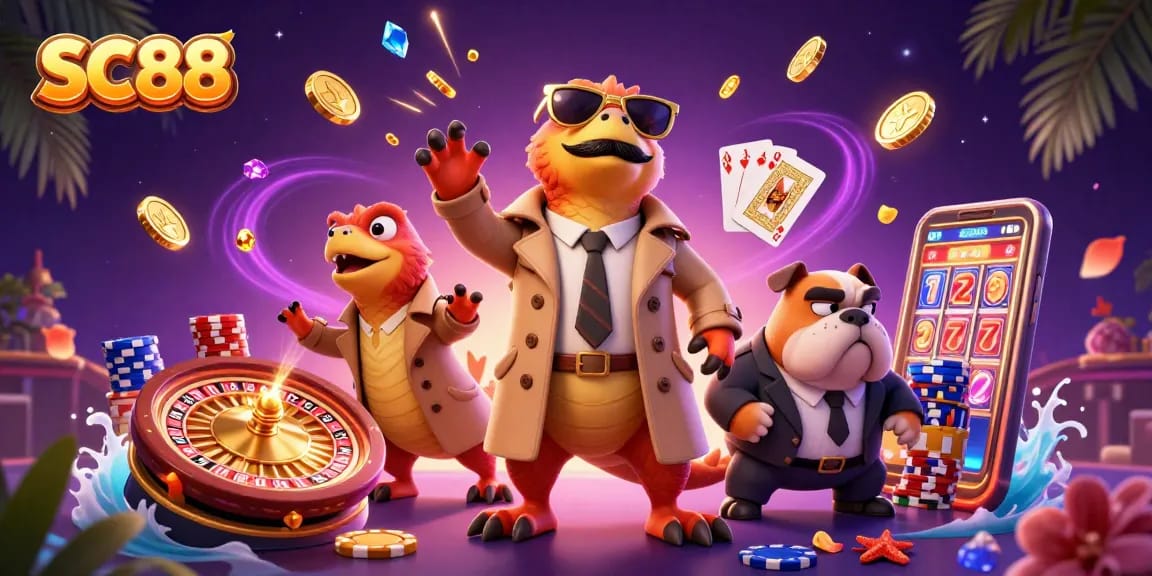 Raptors in a trench coat enter SC88 casino, baffling a bouncer with a glamorous scene.