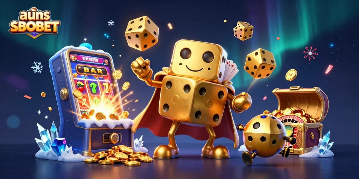 Enhance your gaming experience with สมัคร SBOBET, featuring dynamic 3D illustrations of golden dice and rich casino elements.