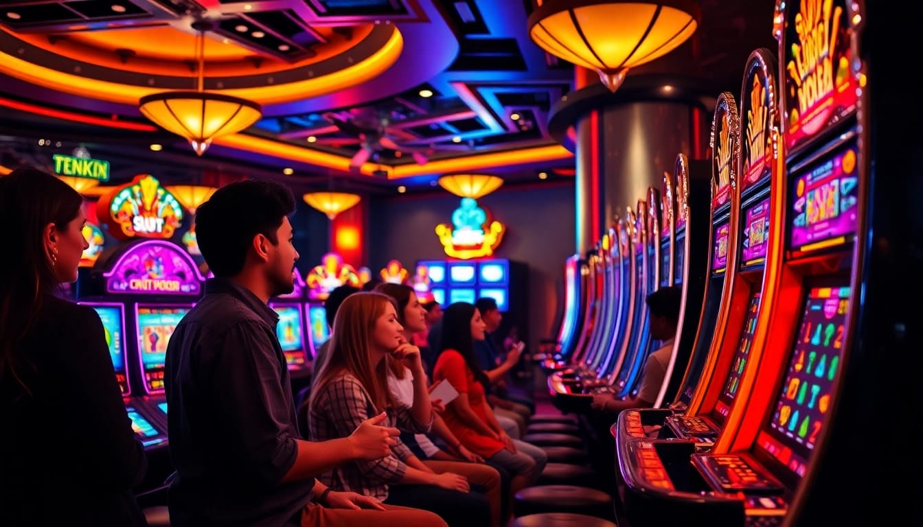 Playing thrilling slot depo pulsa games in a bustling casino environment.