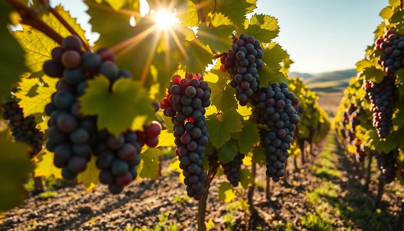 Experience the beauty of Clarksburg wines grapes amidst a sunlit vineyard landscape.