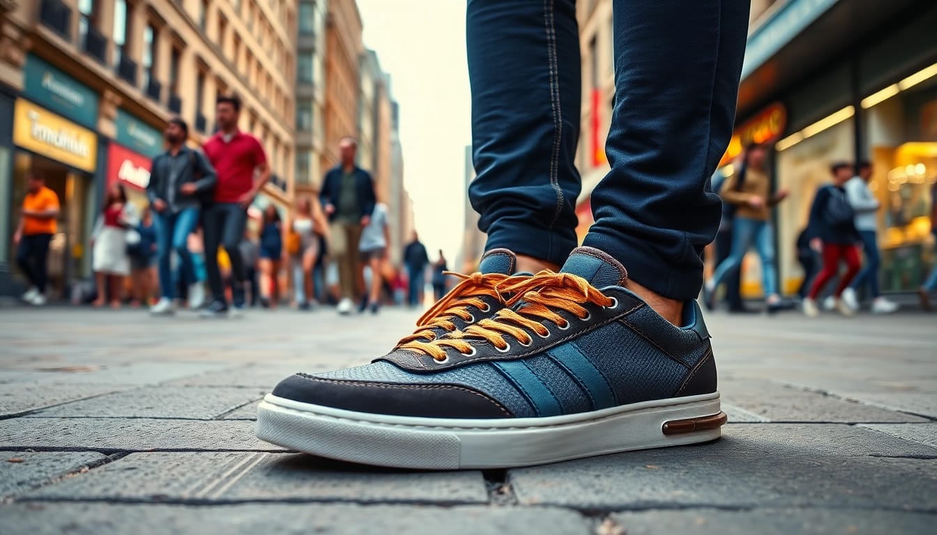 Calzado moderno zapatillas casual hombre en ambiente urbano vibrante.