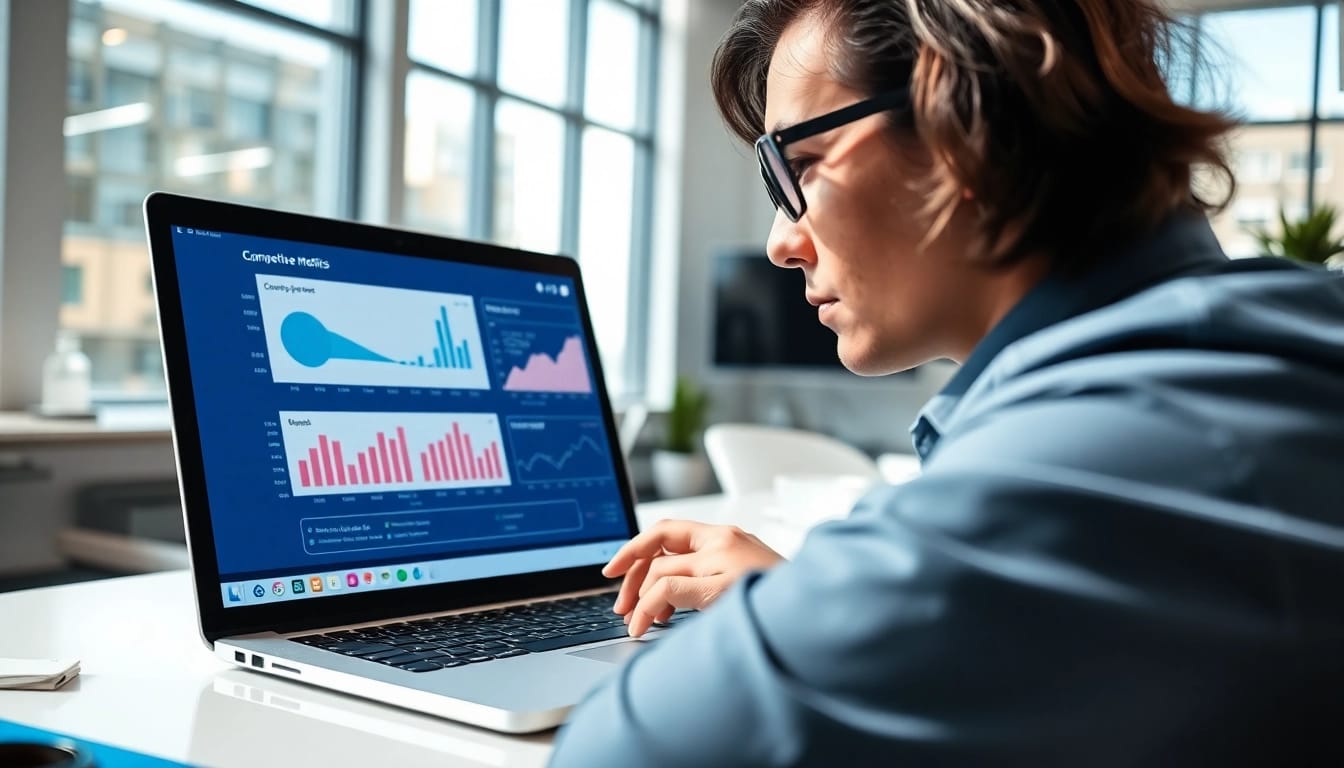 AI for competitive intelligence analysis in a modern workspace with data metrics.