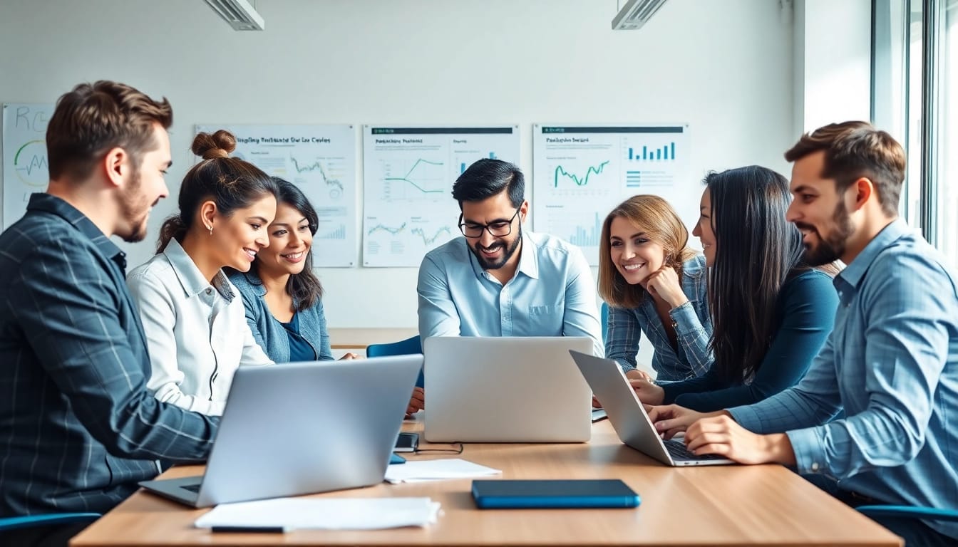 Digital marketing company team collaborating in a vibrant office setting.
