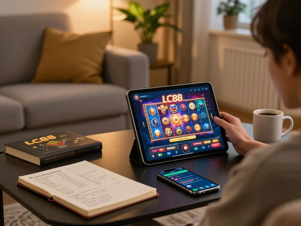 Engaging in online gaming with the LC88 app on a tablet, surrounded by strategic notes and a cozy home setting.