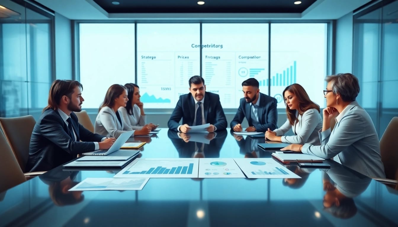 Discussing competitor pricing strategies with charts and graphs in a professional boardroom setting.