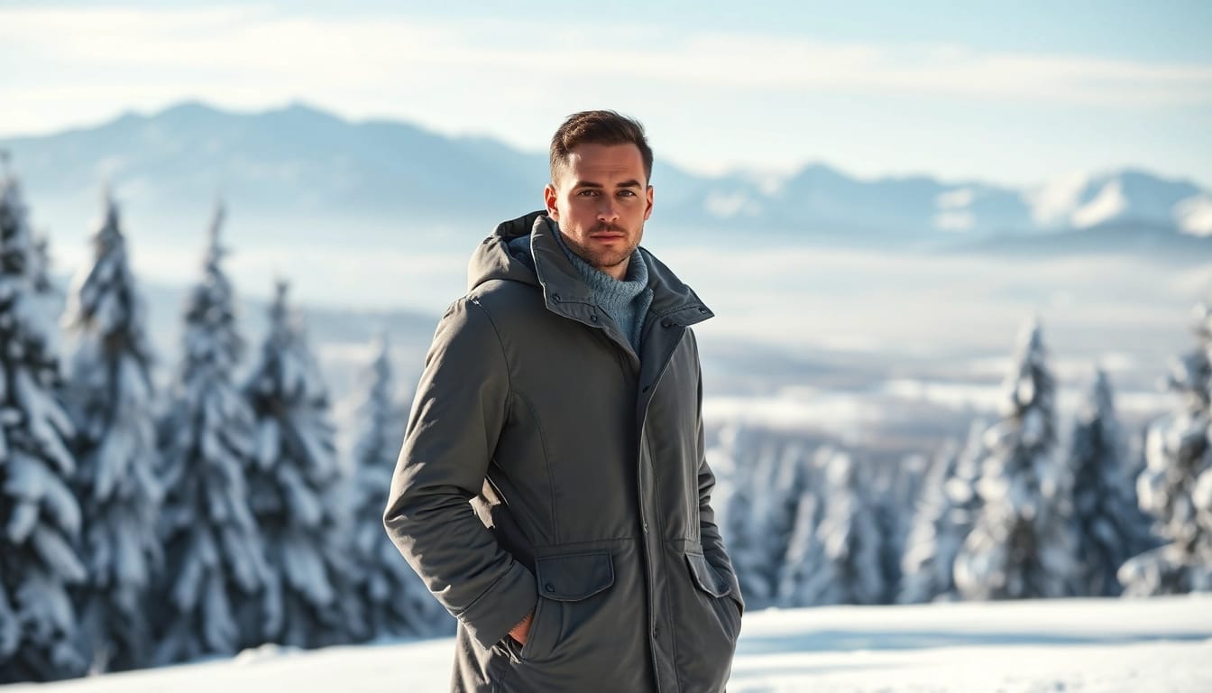 Model showcasing high end brands outerwear in a serene winter landscape.