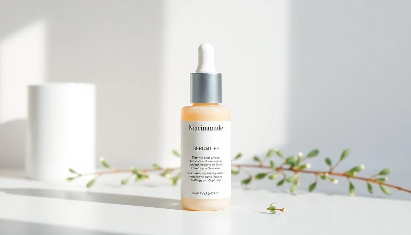 Niacinamidserum visat i en elegant uppställning med naturliga element som lyfter fram dess hudvårdsfördelar.