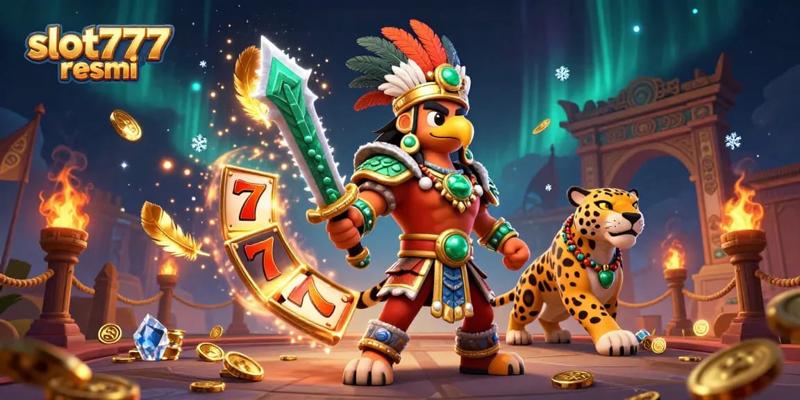 Spin the reels with slot777 resmi, featuring a dynamic Aztec warrior scene in vibrant colors.