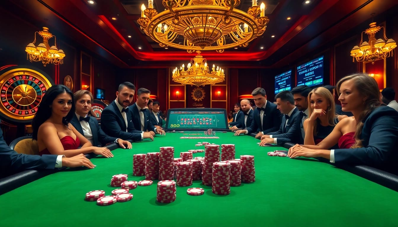 Vivez l'excitation du meilleur casino en ligne avec une action de poker intense à une table luxueuse.