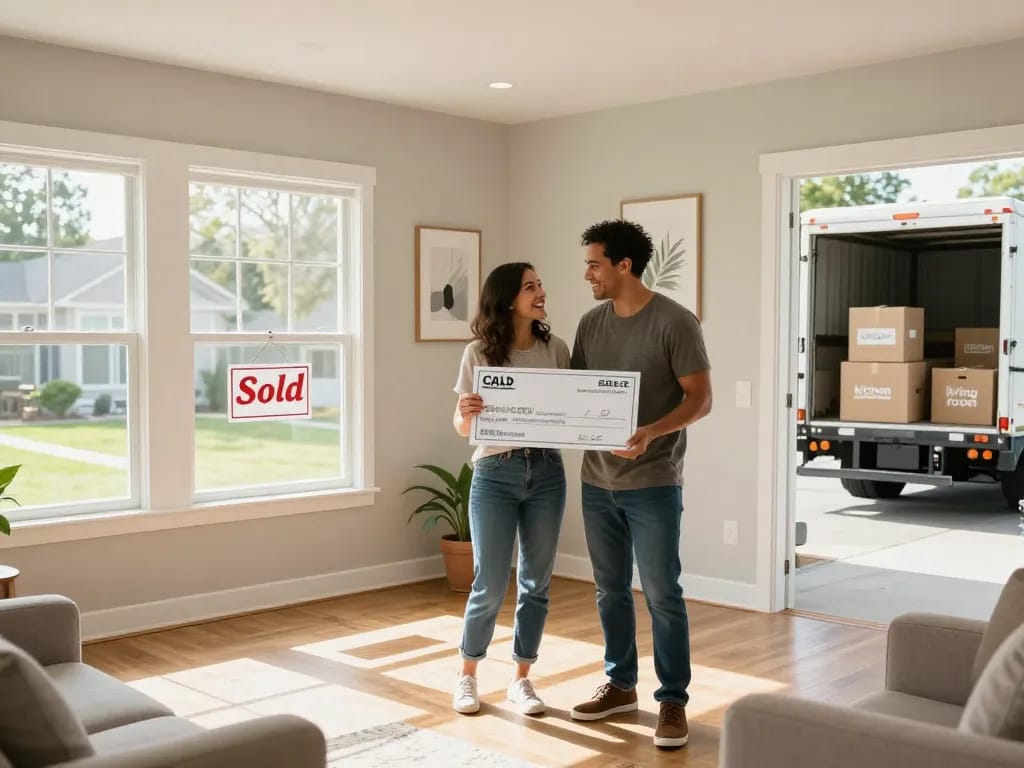New homeowners celebrate after selling their house fast for cash, showcasing a cash offer check in a bright living room.