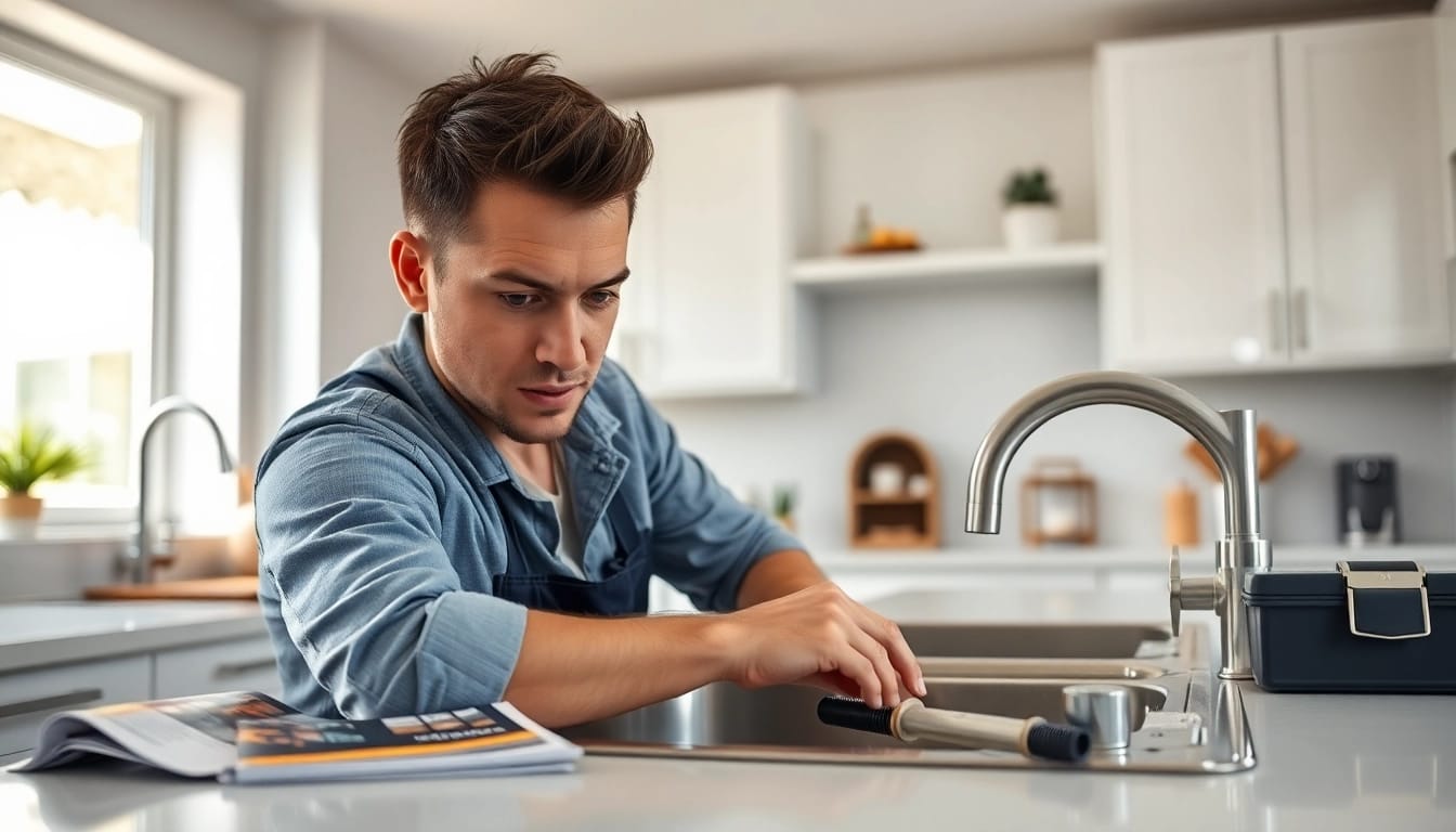 Skilled plumber near me fixes a kitchen sink, showcasing professionalism and expertise.