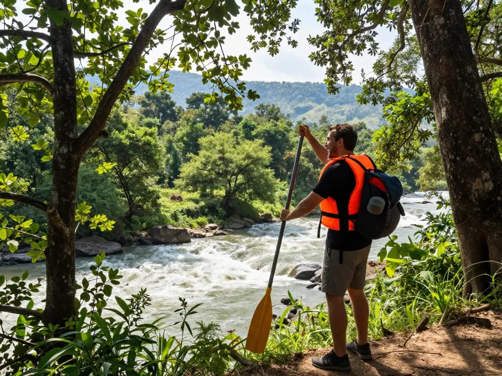 Dandeli adventure seeker paddling excitedly along the lush Kali River, showcasing breathtaking scenery.