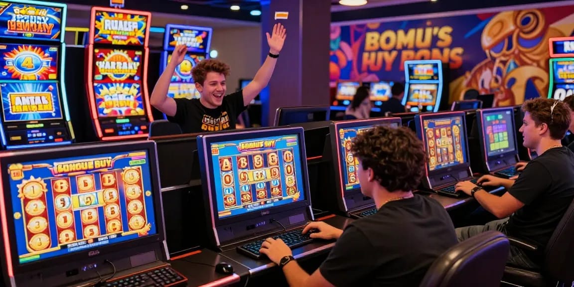 Diverse players at chagency.co.uk enjoying Bonus Buy slots with immersive visuals and excitement in a vibrant online casino setting.