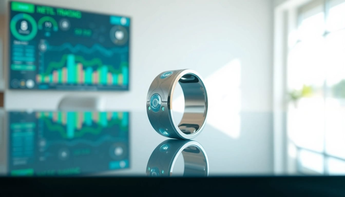 Showcasing a Smart Health Ring on a reflective surface, illustrating its advanced features.