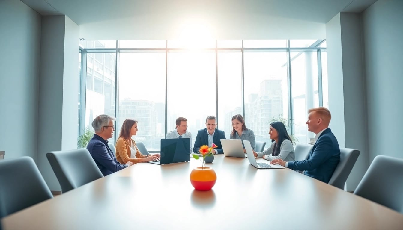 Corporate photography service showcasing engaged team in a modern office setting.