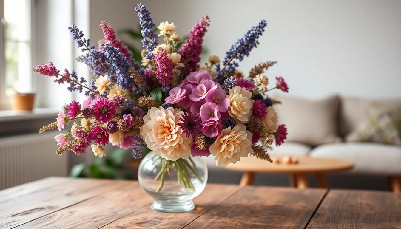 Beautiful arrangement of dried blooms showcasing vibrant colors and textures in a rustic setting.