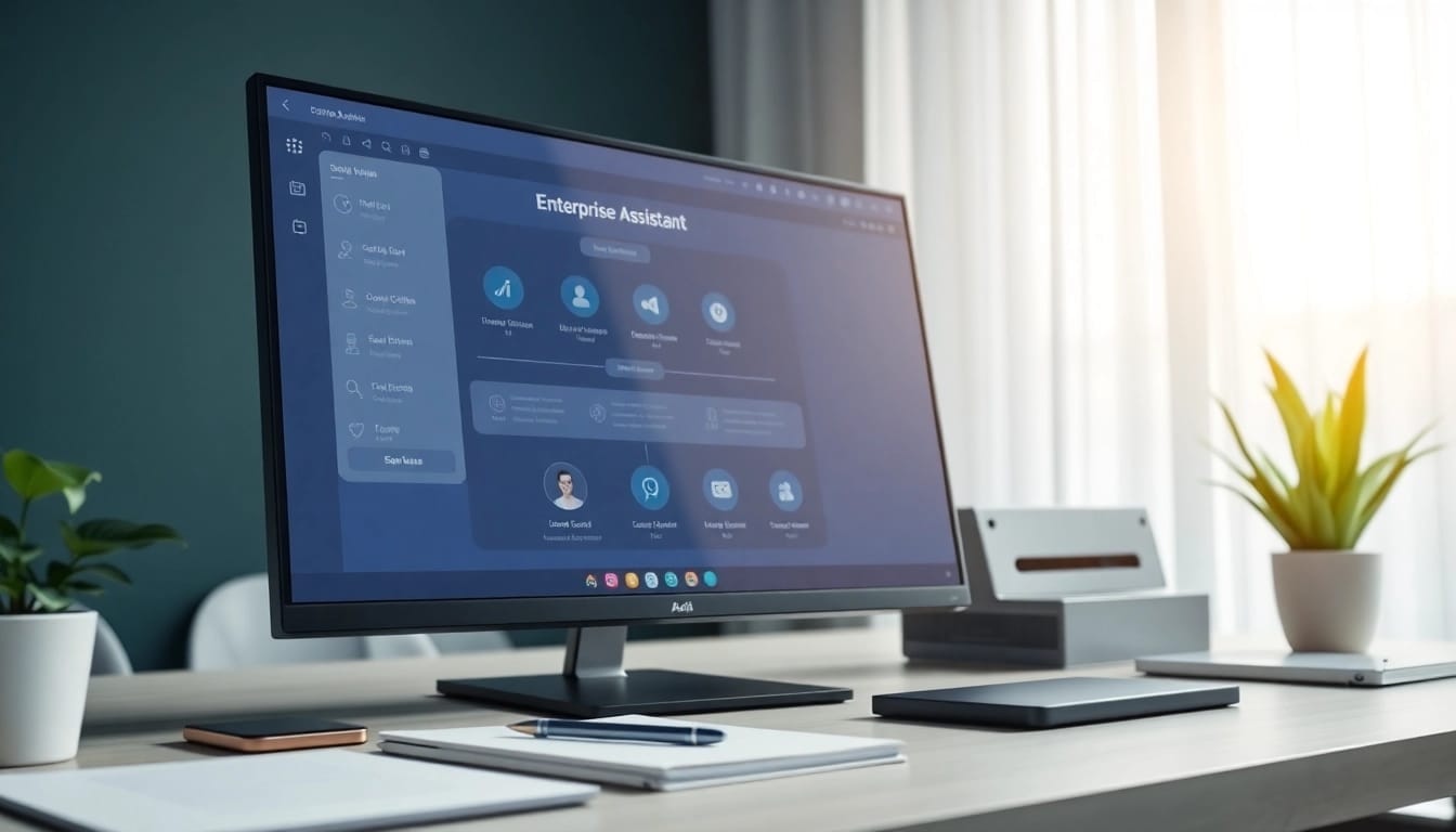Showcasing enterprise assistant software on a modern workstation, highlighting its user interface.