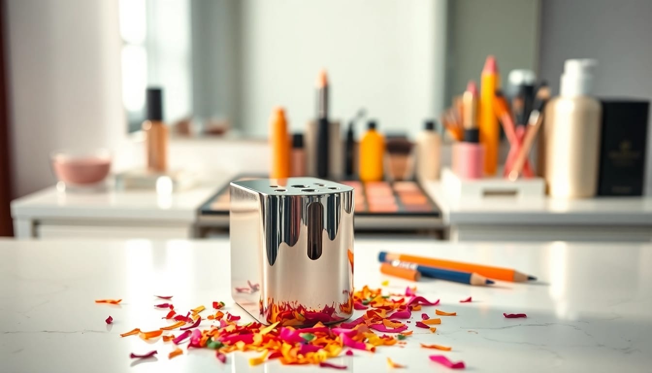 Enhance your professional makeup routine with a vibrant cosmetic pencil sharpener, showcasing sleek design and clarity.
