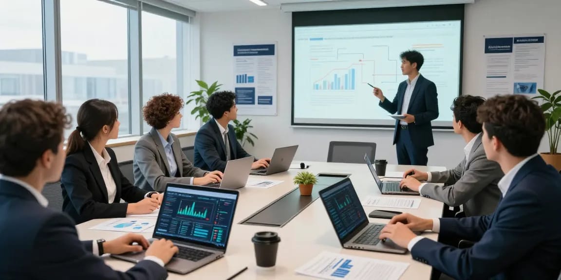 Business professionals discussing financial crime intelligence strategies in a collaborative conference room.