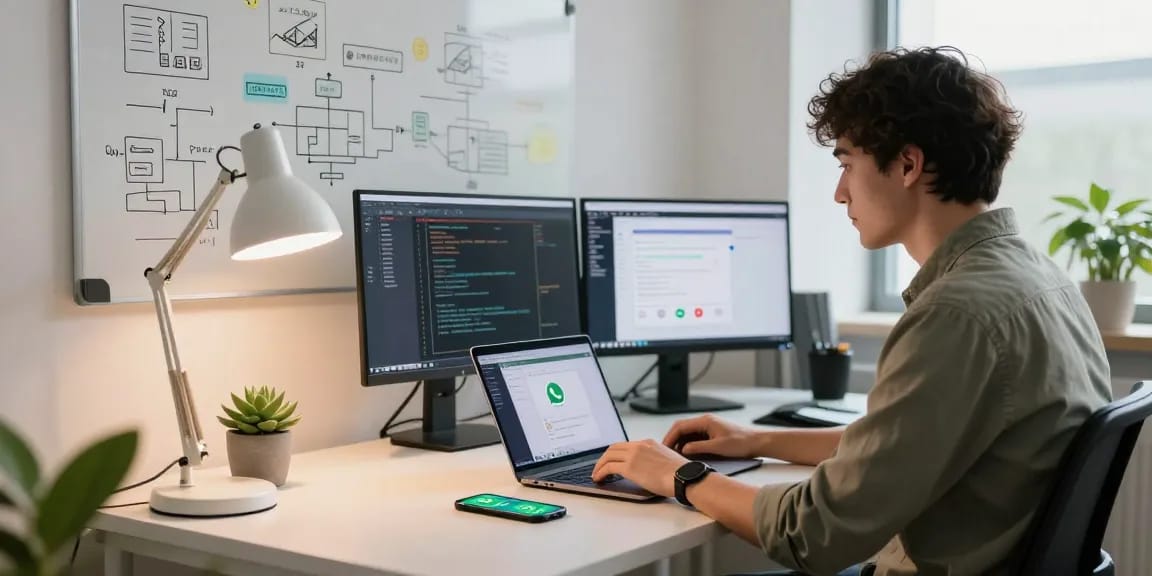 WhatsApp下載 interface on laptop in a modern workspace with vibrant tech elements.