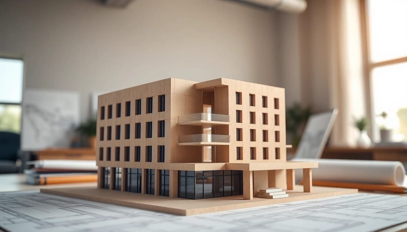 Architekturmodellbau Wuppertal zeigt ein detailliertes Modell eines modernen Gebäudes in einem kreativen Büro.