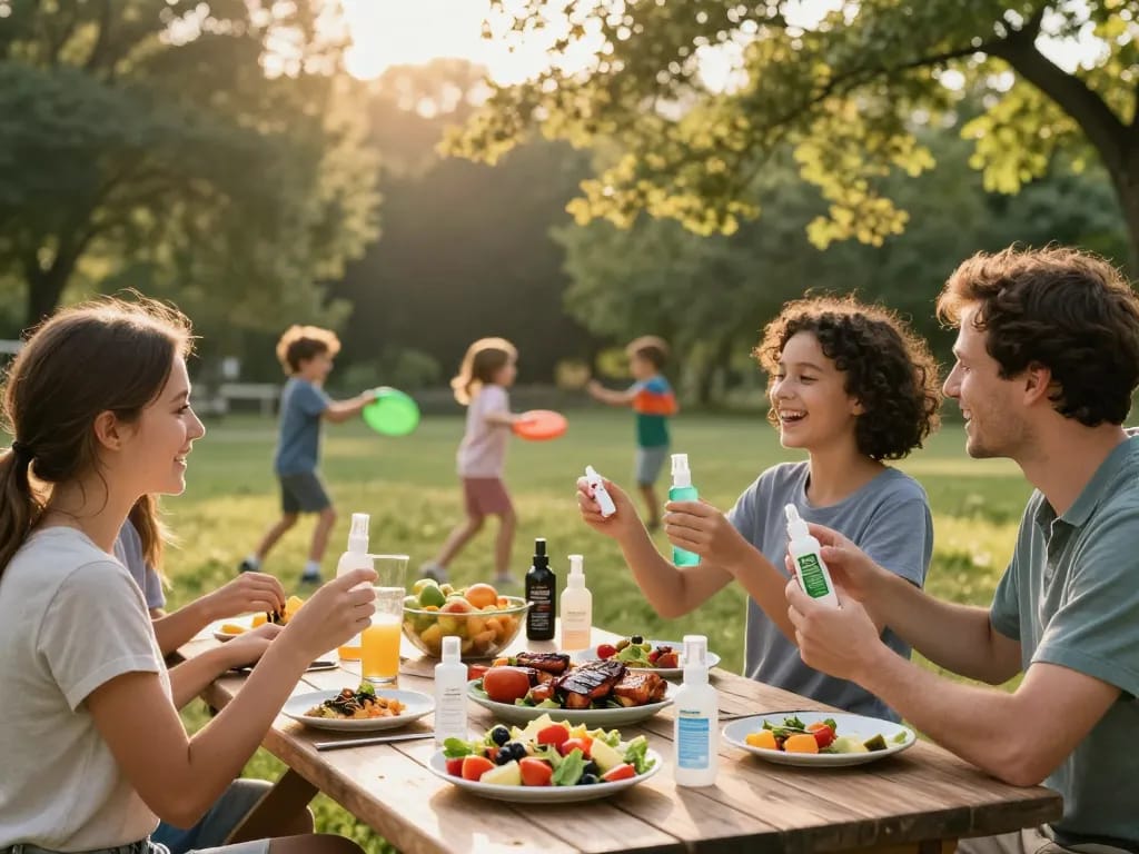 Family applying mosquito repellent during summer barbecue outdoors, enjoying food and fun.