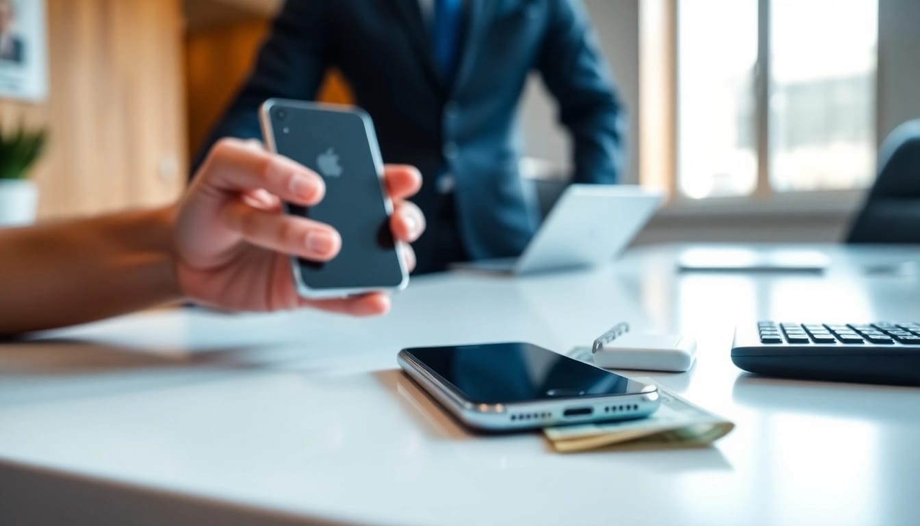 Engaging scene of an iPhone cash buyer exchanging cash for a smartphone on a desk.