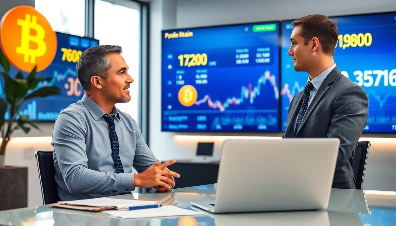 Acheter Bitcoin avec des conseils professionnels dans un bureau moderne.
