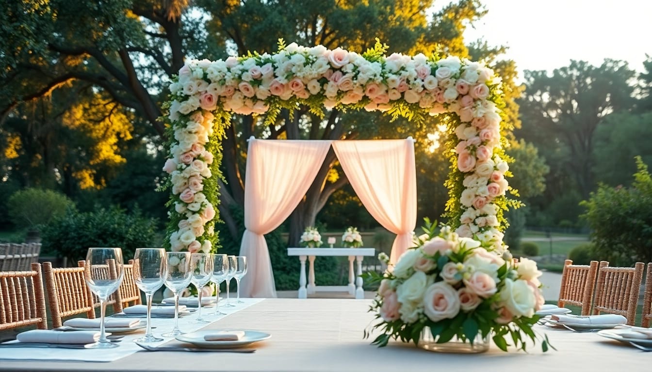 A stunning Jacksonville Wedding Venue with a floral arch, elegant table setting, and romantic lighting.