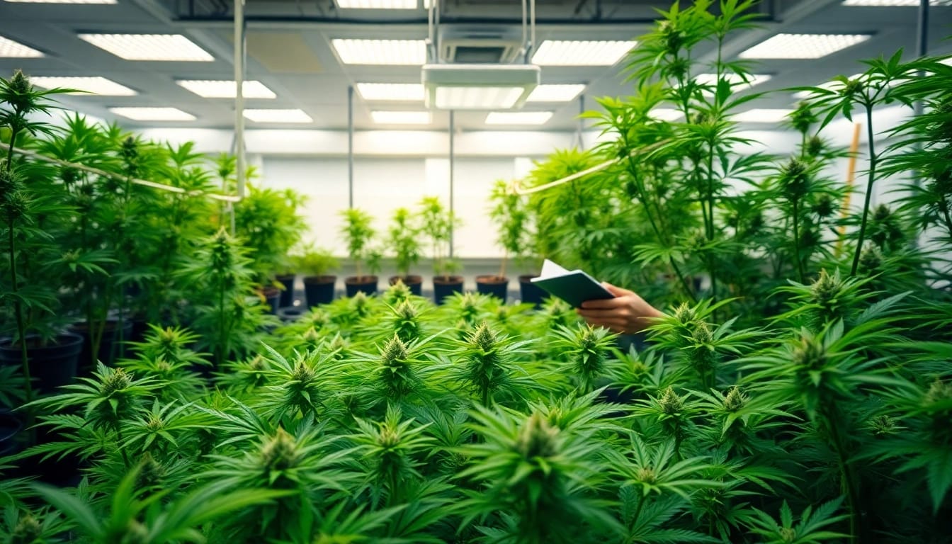 Mitglieder der bluetenbande inspizieren ihre hochwertigen Cannabispflanzen in einem modernen Anbau.