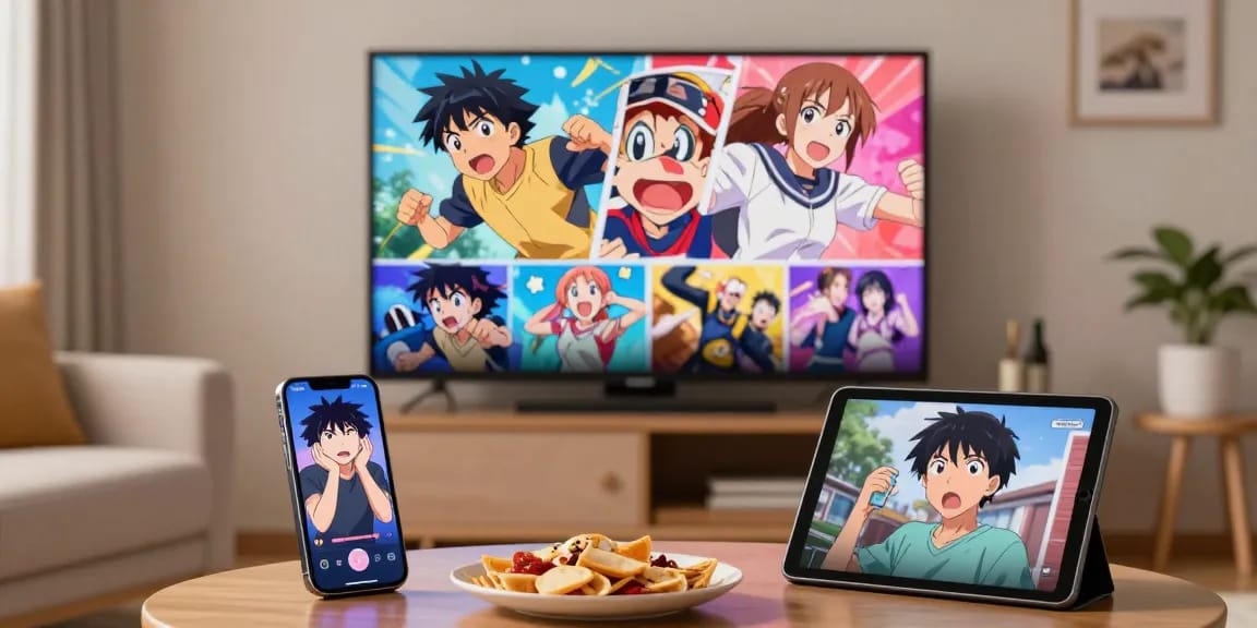 Pengguna animeplay menikmati streaming anime kualitas tinggi di ruang tamu yang nyaman.